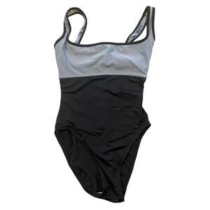 Vintage Anne Klein Swimsuit 1 Piece Gray Black Square Neck Underwire Bra Size 6